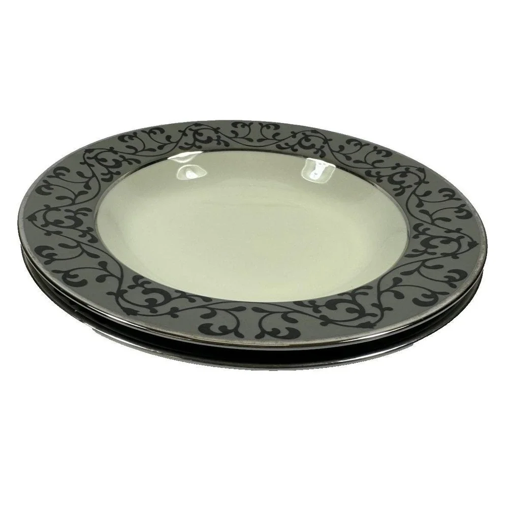 Mikasa Bond Street  Soup Bowls L3423 Ivory Gray Black Scroll Set 2 Platinum Rim